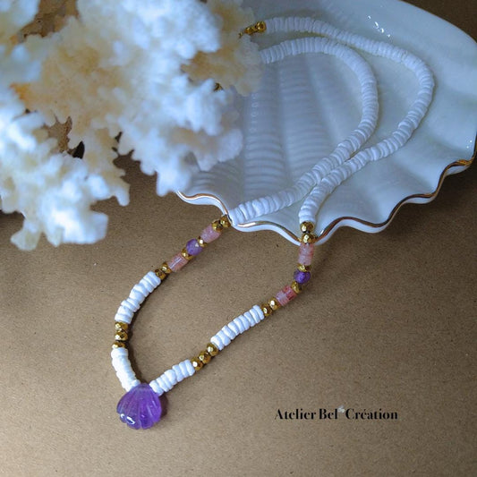 Amethyst gemstone Necklace | shell pendant, golden stainless steel chain, heishi necklace