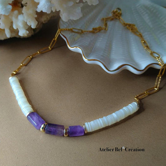 Amethyst gemstone Necklace | shell pendant, golden stainless steel chain, heishi necklace