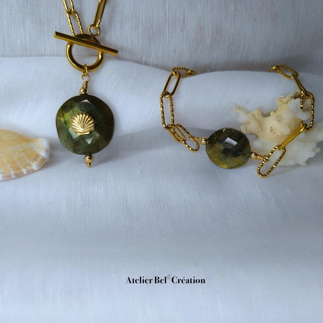 Parure collier et bracelet labradorite pierre naturelle protection énergétique acier inoxydable doré style bohème bijou femme cadeau