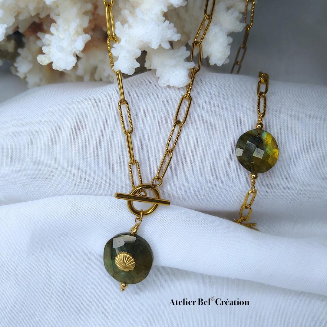 Parure collier et bracelet labradorite pierre naturelle protection énergétique acier inoxydable doré style bohème bijou femme cadeau