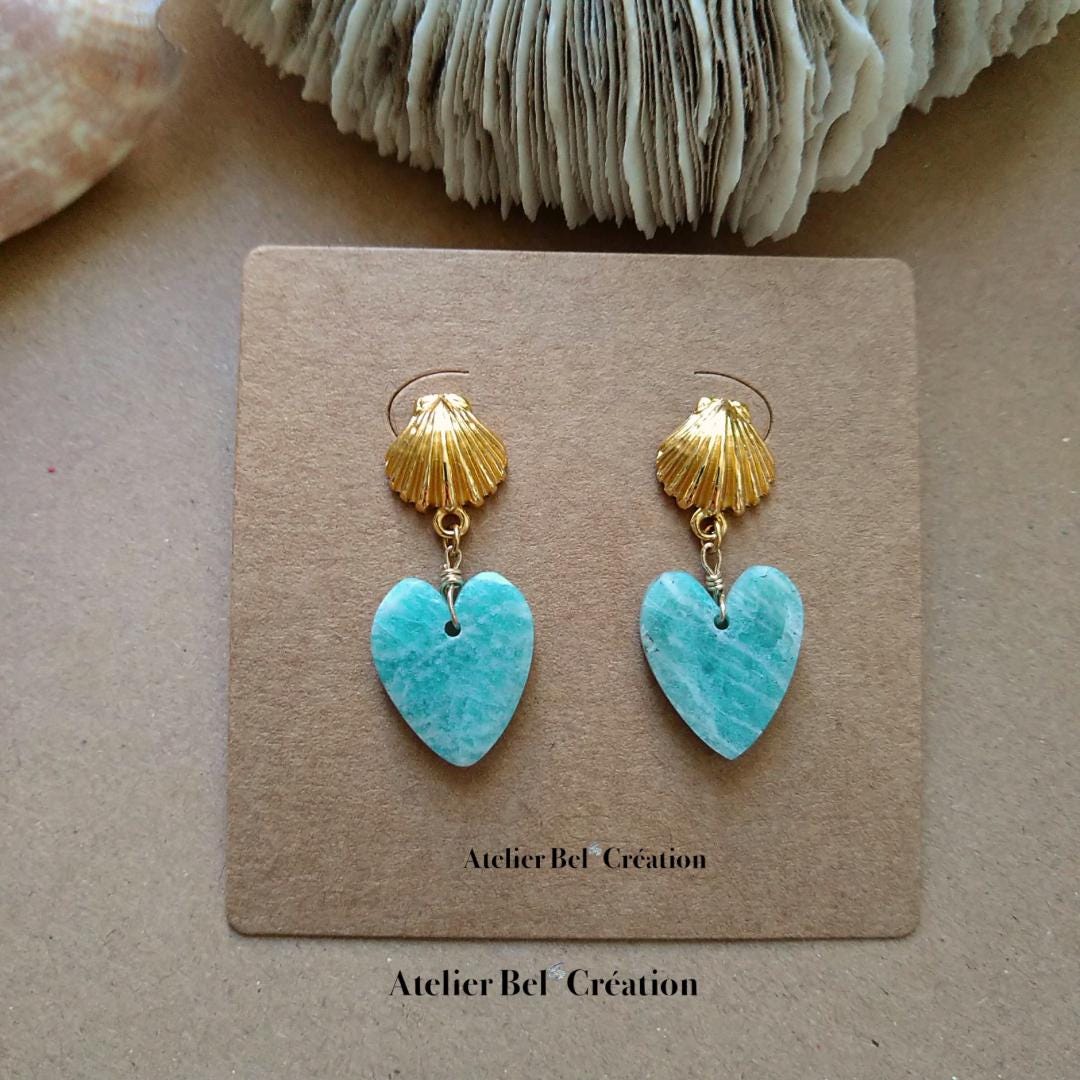 Heart drop earring, shell studs with amazonite gemme stone, gold plated earrings