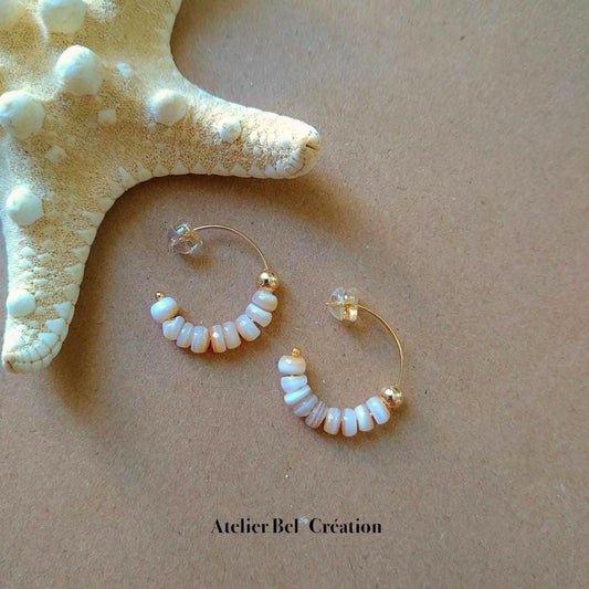 Shell hoops earrings, Mother of pearl earrings,14k Gold filled huggie hoops, beachy earrings