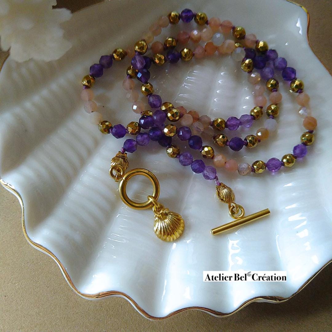 Amethyst necklaces | Natural stone, charms necklace, heishi necklace, sun pendant