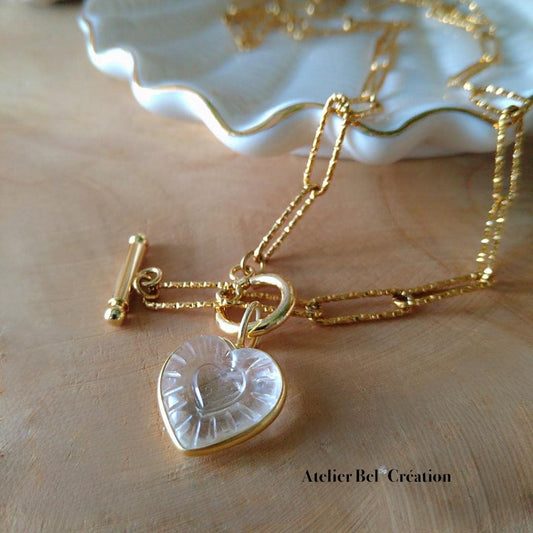 Amethyst gemstone Necklace | shell pendant, golden stainless steel chain, heishi necklace