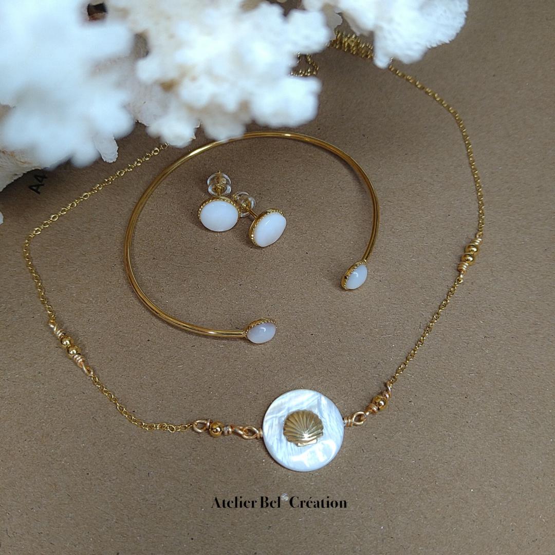 Parure nacre collier pendentif bracelet jonc boucles doré or fin acier inoxydable style bohème exotique bijou femme cadeau élégant