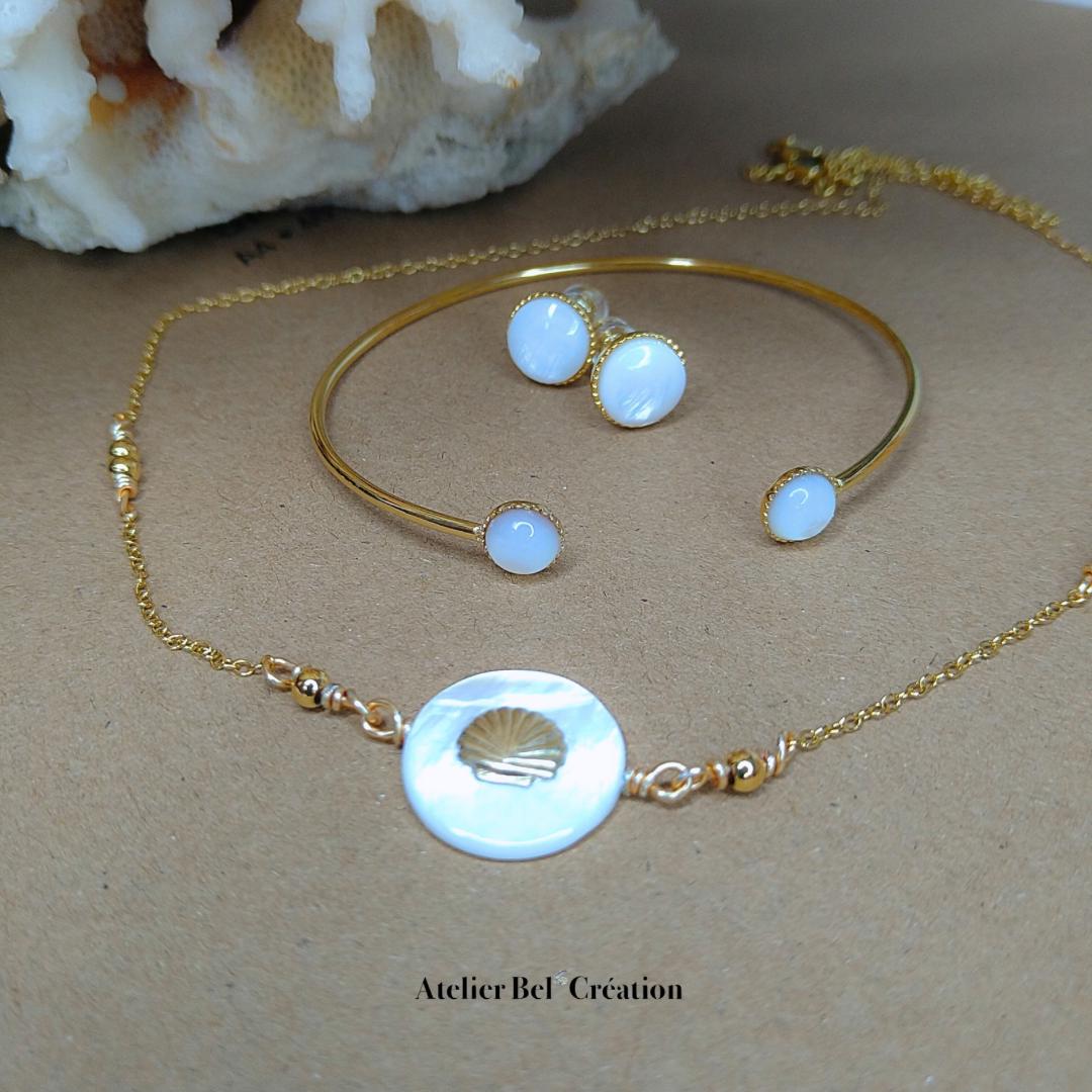 Parure nacre collier pendentif bracelet jonc boucles doré or fin acier inoxydable style bohème exotique bijou femme cadeau élégant