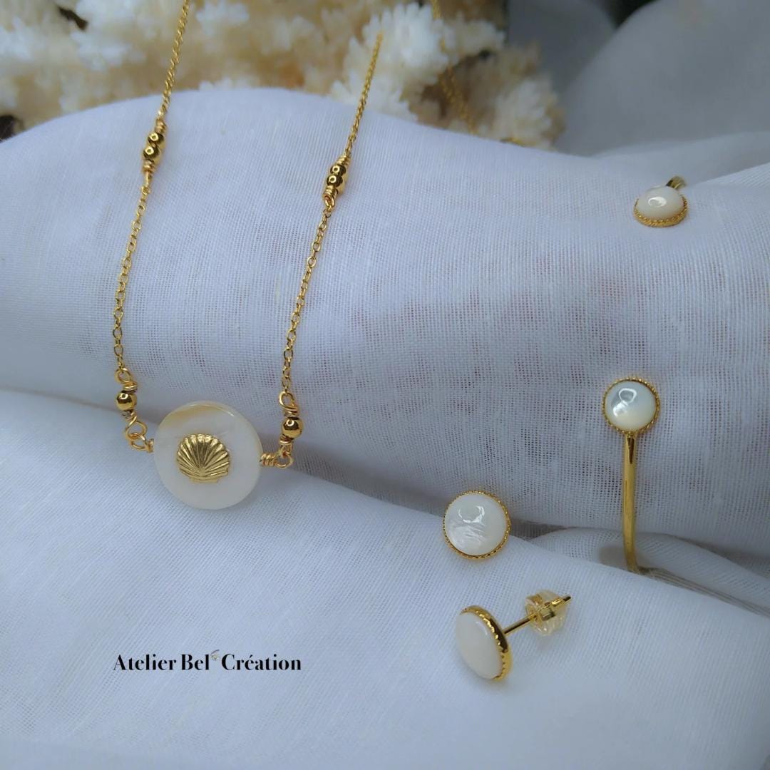 Parure nacre collier pendentif bracelet jonc boucles doré or fin acier inoxydable style bohème exotique bijou femme cadeau élégant