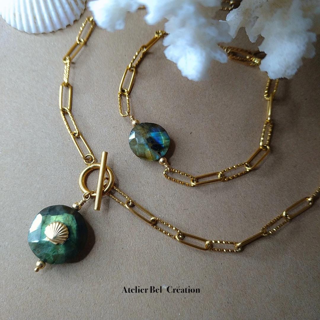 Parure collier et bracelet labradorite pierre naturelle protection énergétique acier inoxydable doré style bohème bijou femme cadeau