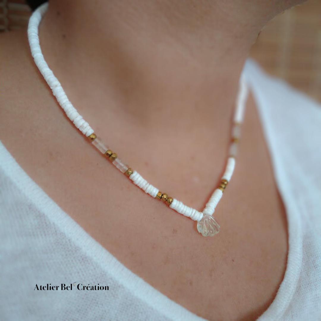Summer gemstone necklaces | golden chain, shell, clear stone, Quartz
