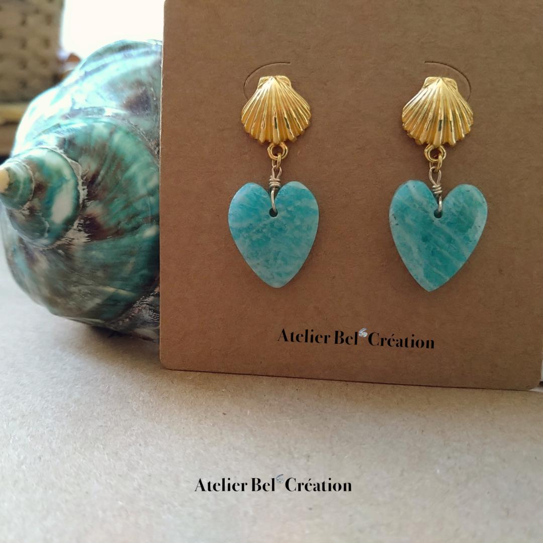 Heart drop earring, shell studs with amazonite gemme stone, gold plated earrings