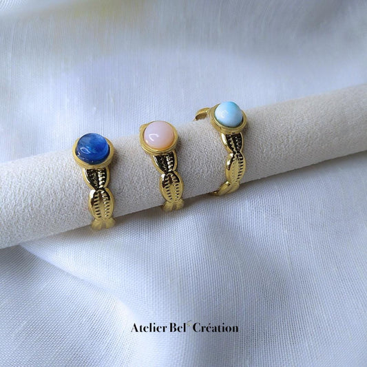 Open Ring cowrie shell, gemstone | golden stainless steel