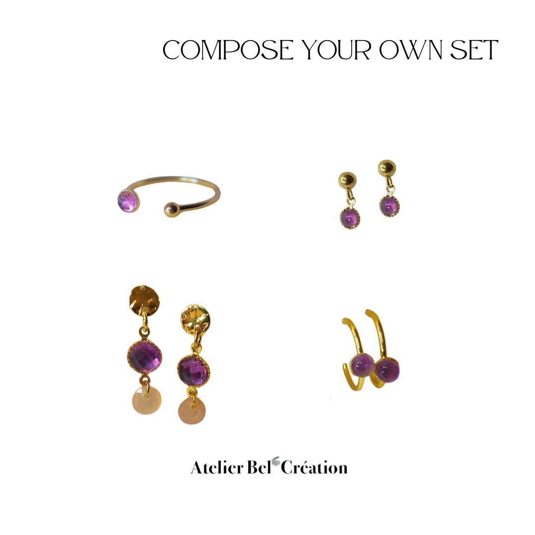 Amethyst stone Earrings | golden stainless steel, mono earring, dangling earring, hoop earrings, earrings studs