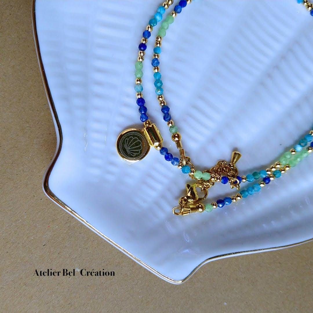 Gemstone Necklaces, Fish, EvilEye pendant, golden stainless steel chain, natural stone, curved stone