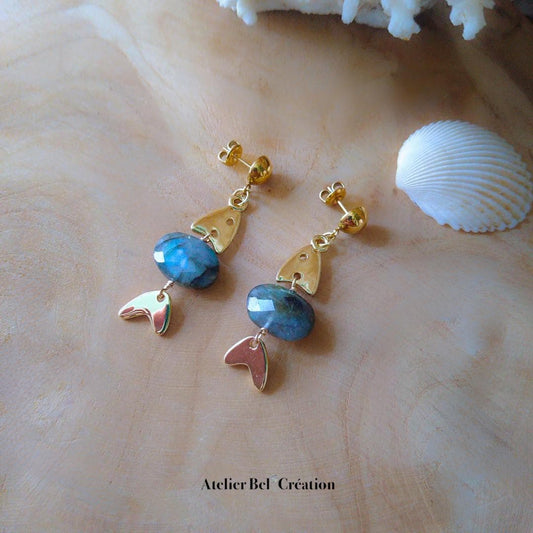 Fish drop earring, with labradorite gemme stone, stainless steel earrings