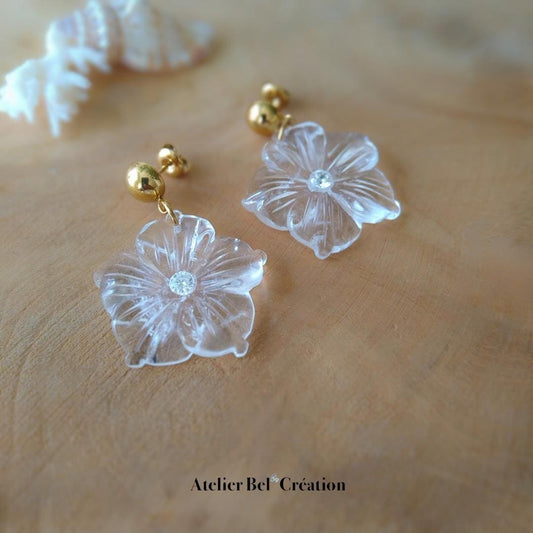 Flower earrings natural stone, clear stone, golden stainless steel