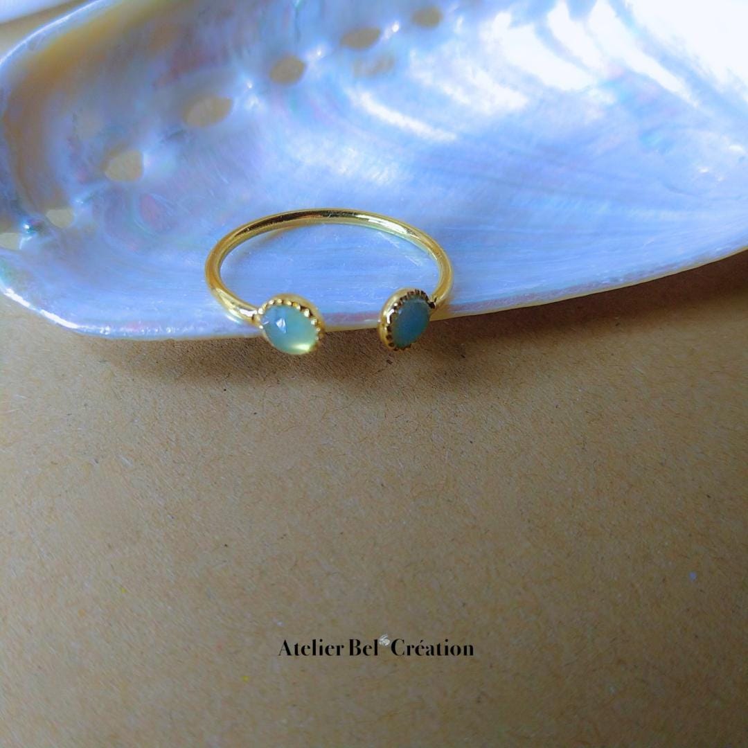 Disconnected Ring, open ring, blue chalcedony gemstone, gold plated ring
