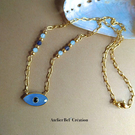 Gemstone Necklaces, Fish, EvilEye pendant, golden stainless steel chain, natural stone, curved stone