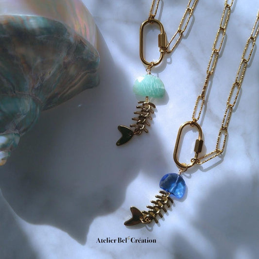 Stone Fish Pendant necklace | natural stone, Amazonite, Chalcedony, Golden stainless steel