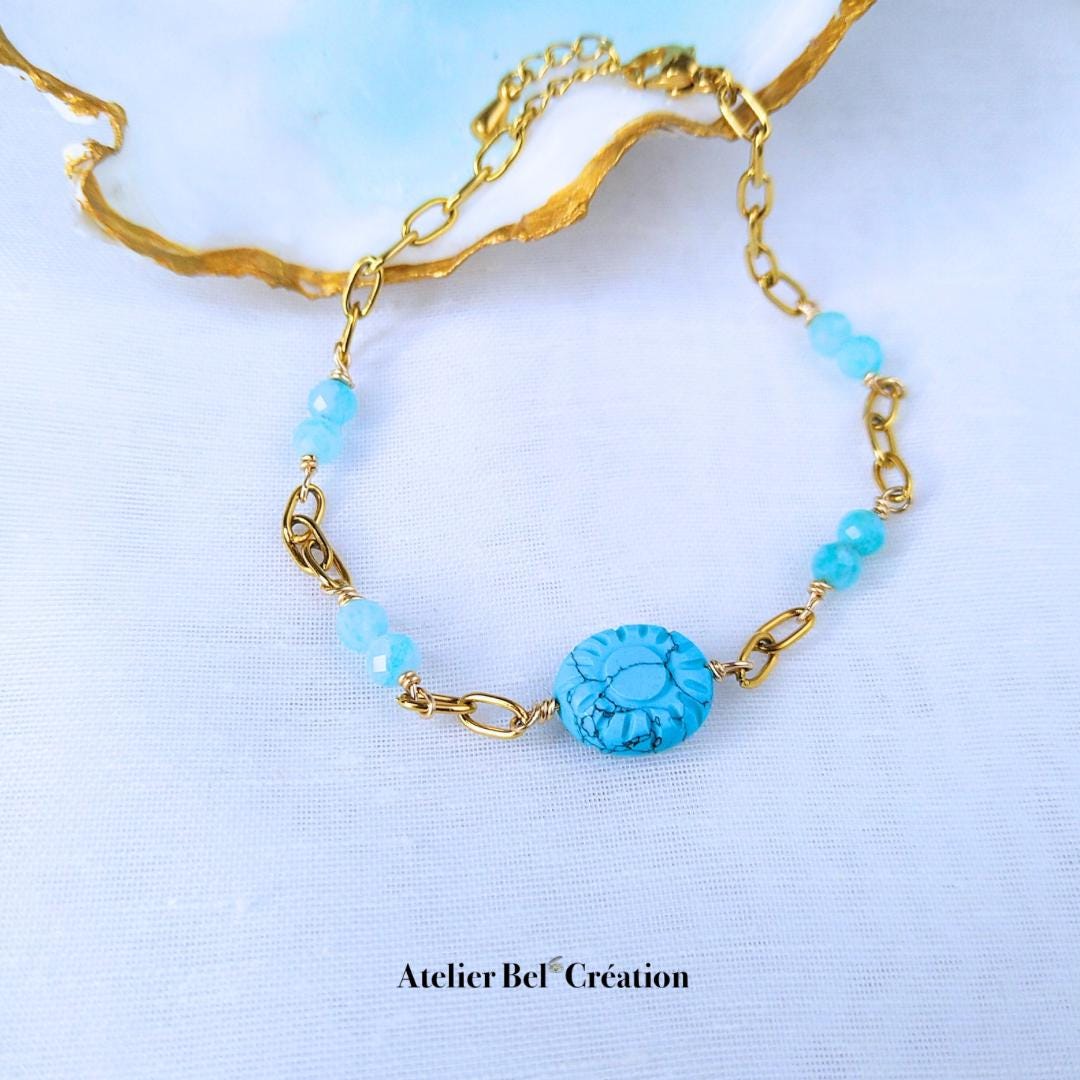 Ocean inspired bracelet gold stainless steel evil eye shell amazonite turquoise boho adjustable summer jewelry for her