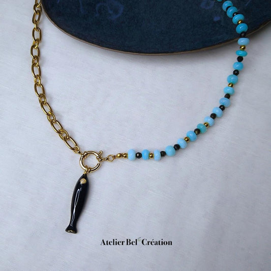 Bi-material necklace, Opal and Obsidian gemstone beads, fish pendant, gold-plated stainless steel