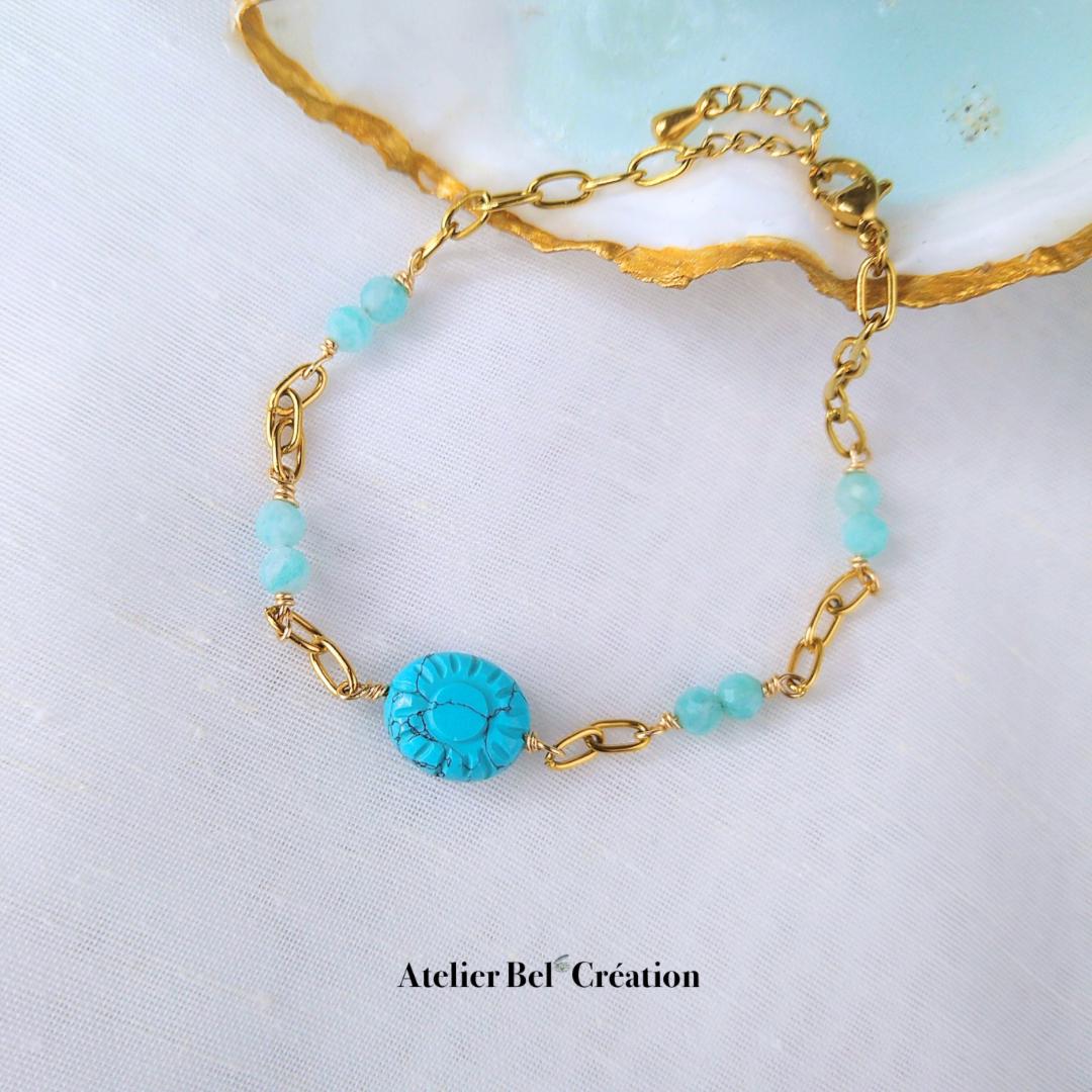 Ocean inspired bracelet gold stainless steel evil eye shell amazonite turquoise boho adjustable summer jewelry for her