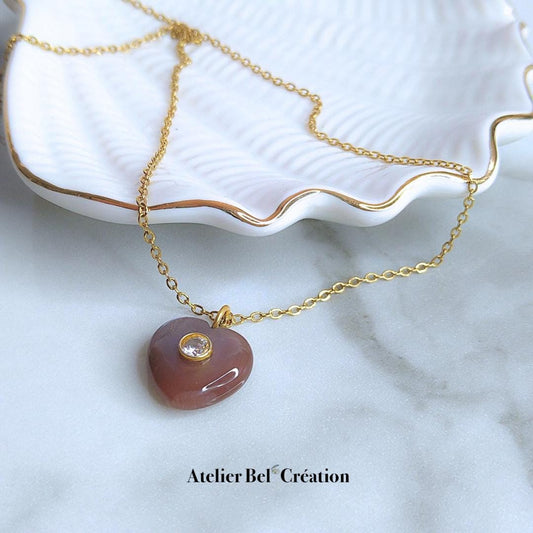 Brown Amber necklace | Golden stainless steel, chocolate moonstone, amber quartz