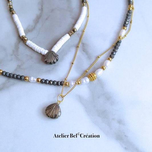 Pyrite necklaces | shell pendant, heishi necklace, gold-plated stainless steel