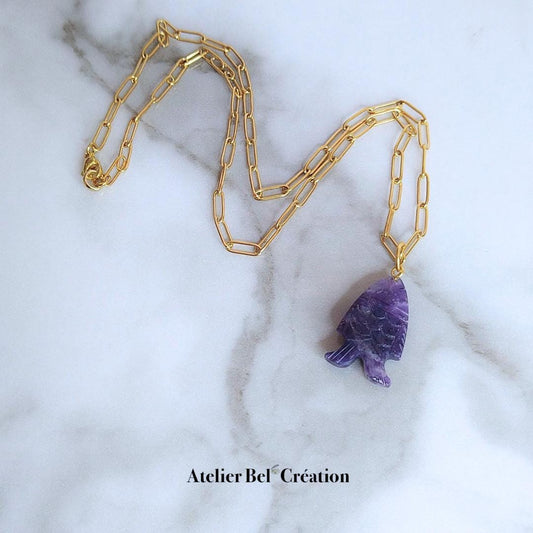 Amethyst Heishi necklace, natural pearls, nacre, amber, Fish necklace