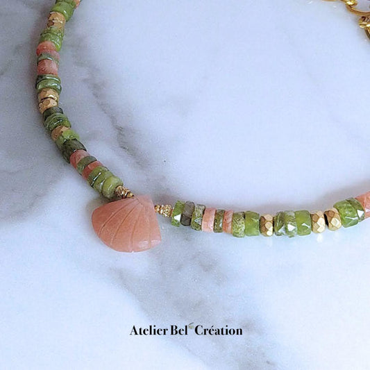 Natural Stone Necklace | Moonstone, Peridot, Wide Links, Gold-Plated Stainless Steel