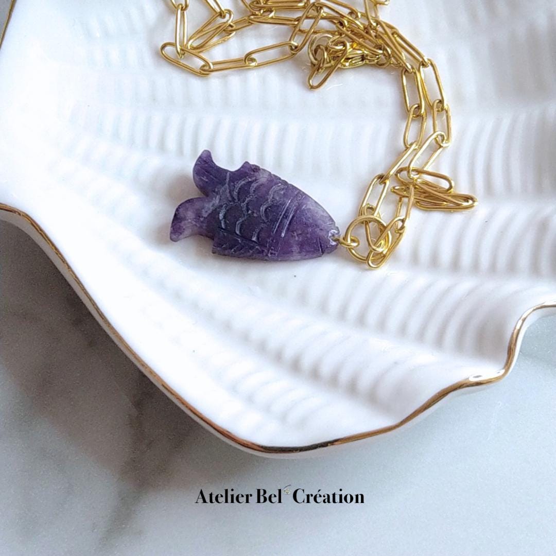 Amethyst Heishi necklace, natural pearls, nacre, amber, Fish necklace