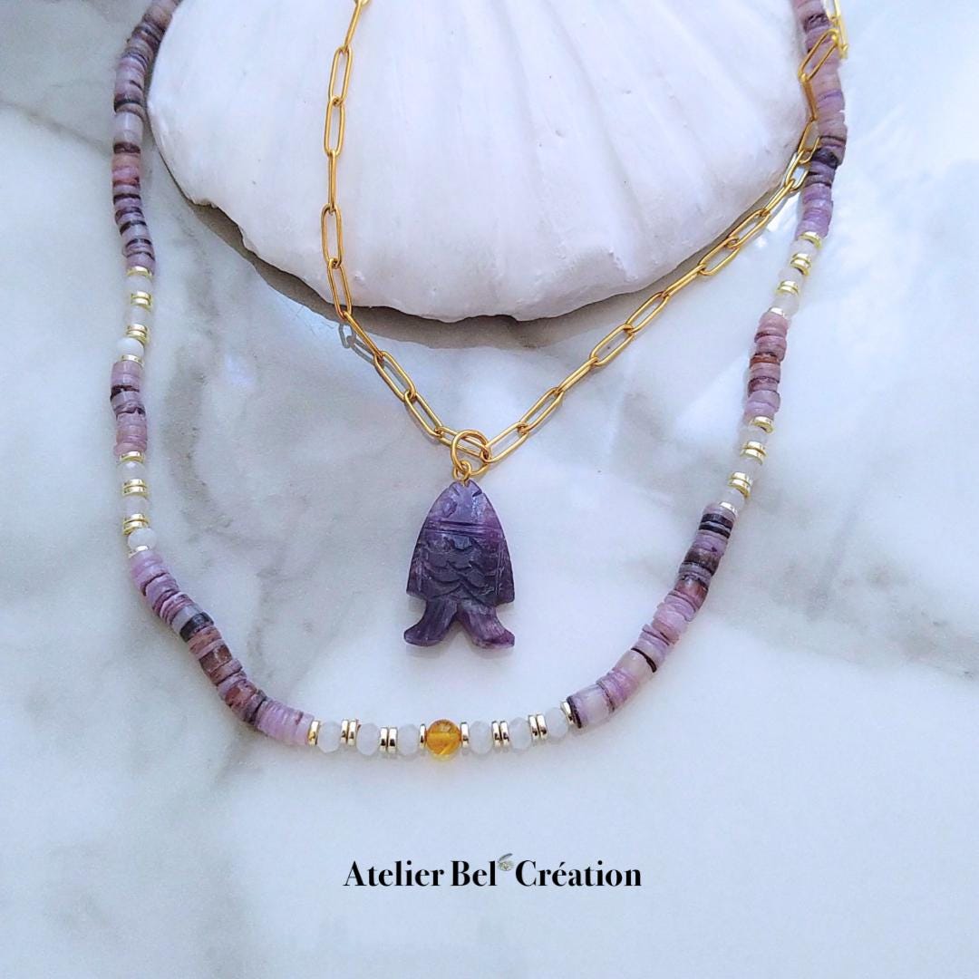 Amethyst Heishi necklace, natural pearls, nacre, amber, Fish necklace