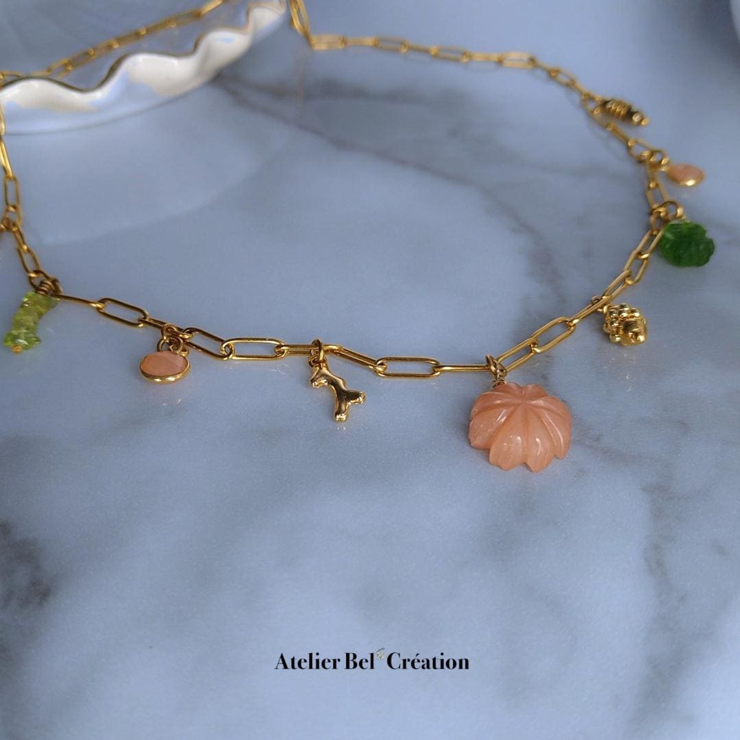 Charms necklaces | Natural stone, autumn jewels, flower, fish necklace, moonstone, peridot