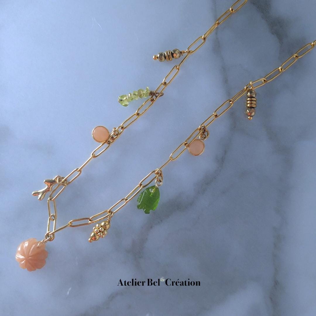 Charms necklaces | Natural stone, autumn jewels, flower, fish necklace, moonstone, peridot