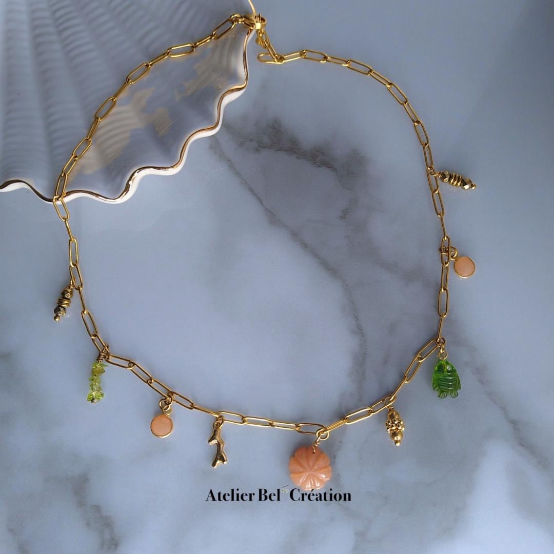 Charms necklaces | Natural stone, autumn jewels, flower, fish necklace, moonstone, peridot