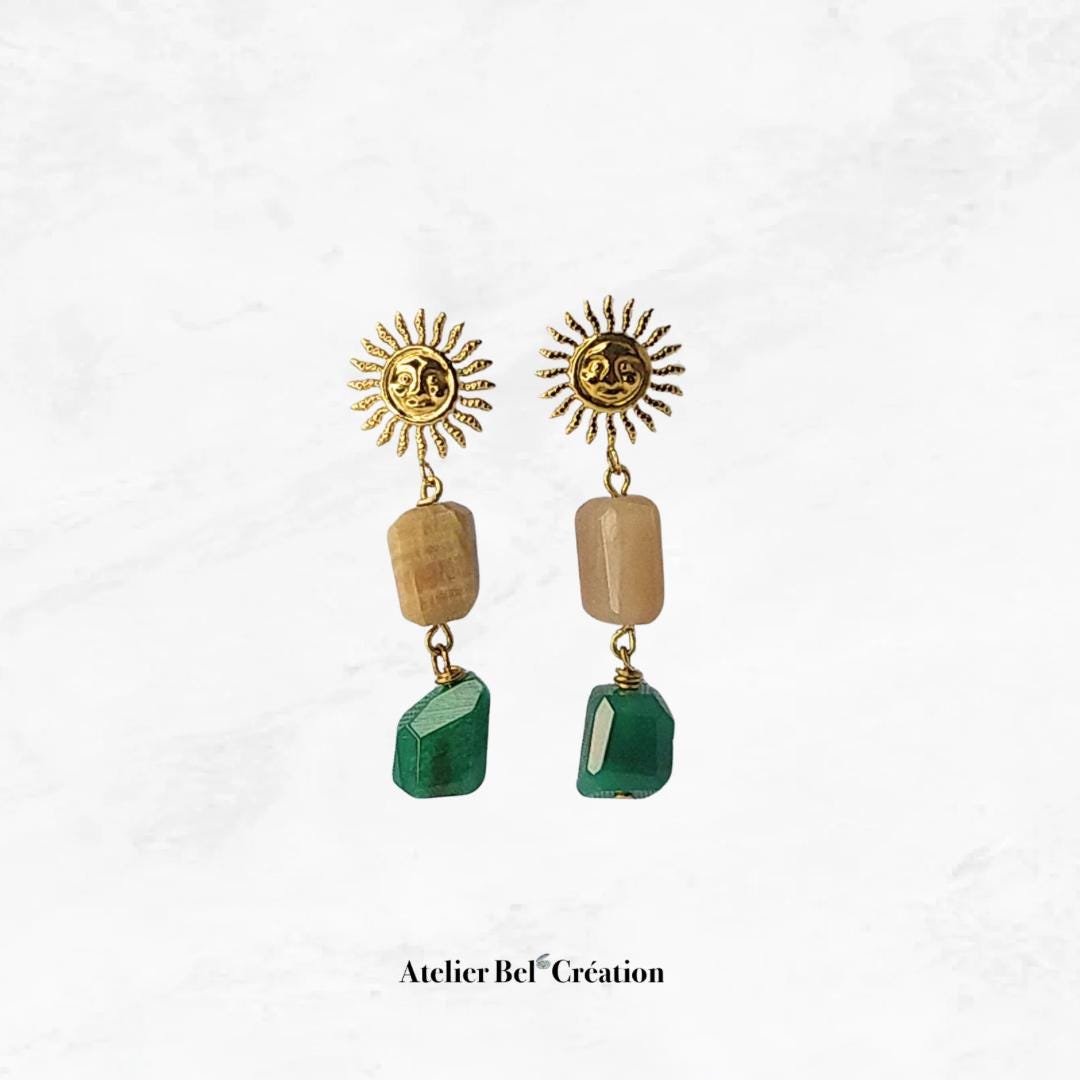 Sun pendant earrings, natural pearls, gold-plated steel