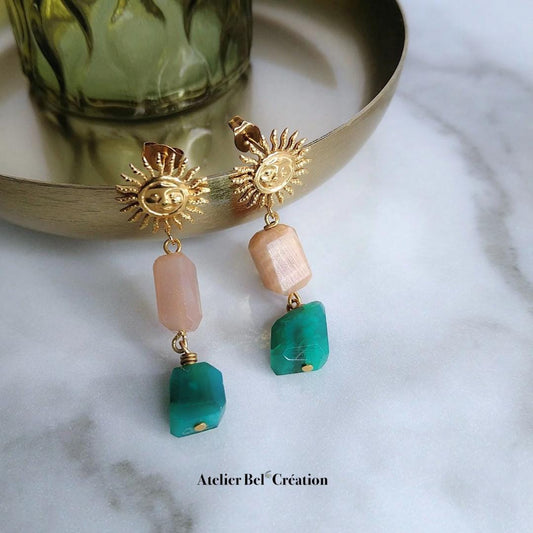 Sun pendant earrings, natural pearls, gold-plated steel