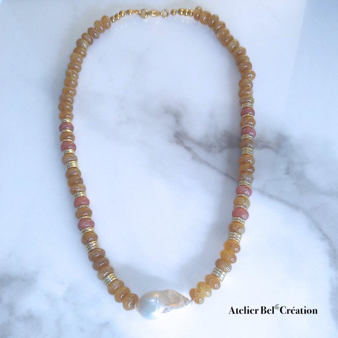 Collier court Candy, Perles rondelles et Perle eau douce, pierres naturelles