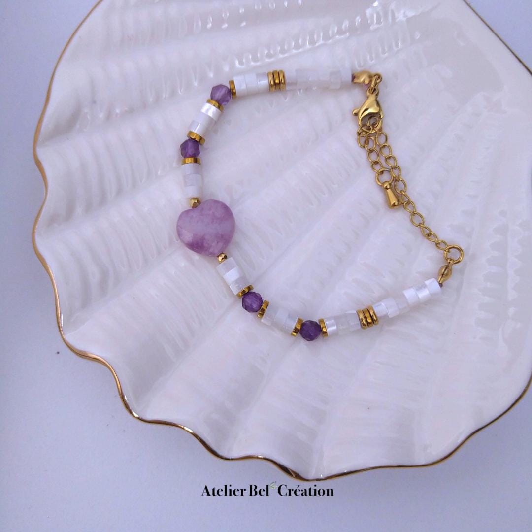 Natural Amethyst gemstone Bracelets, violet | golden stainless steel, shell