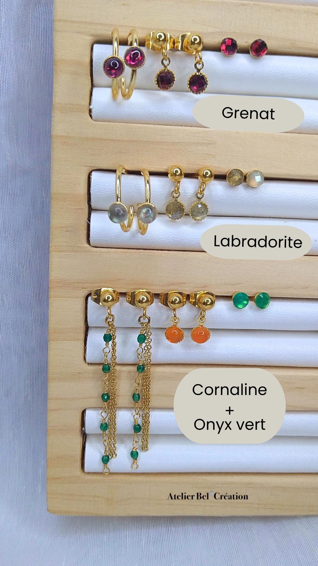 Earring Set | Golden stainless steel, natural stone, minimalist, mono earring, dangling earring, earrings studs, box jewelry set, gift