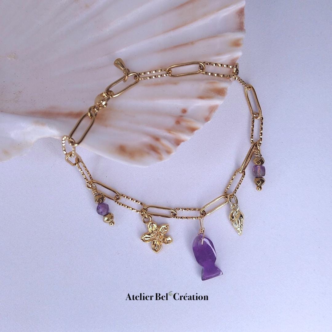Natural Amethyst gemstone Bracelets, violet | golden stainless steel, shell