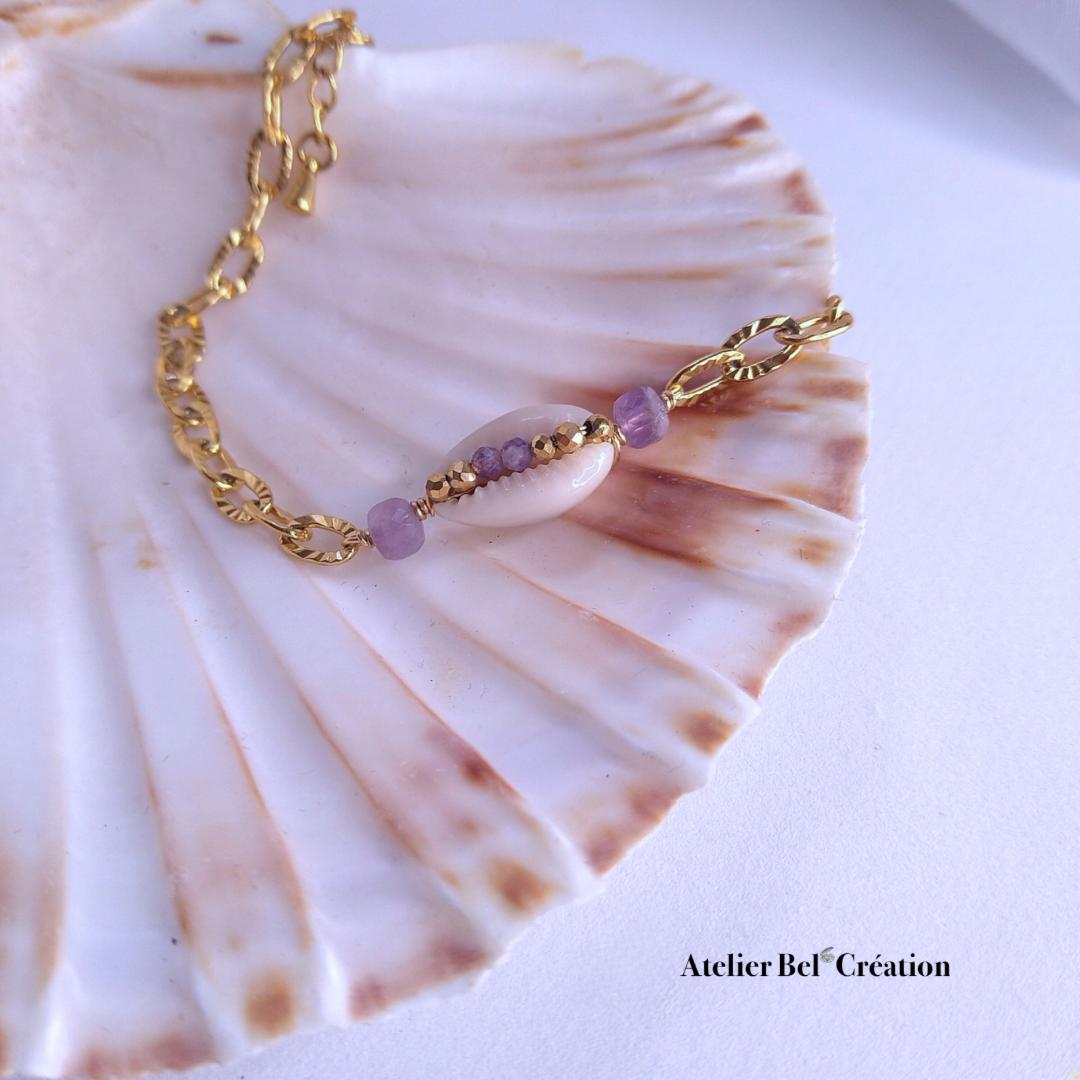 Natural Amethyst gemstone Bracelets, violet | golden stainless steel, shell