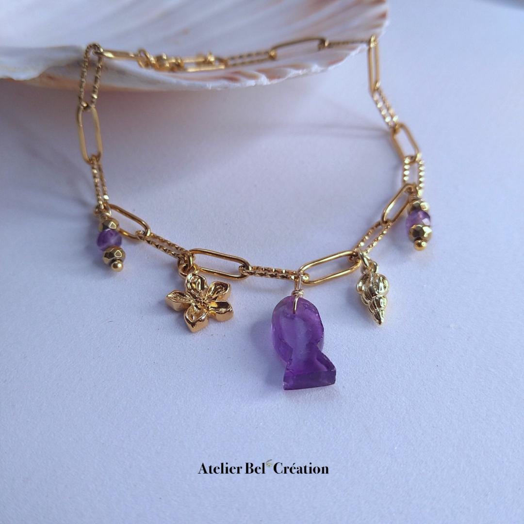 Natural Amethyst gemstone Bracelets, violet | golden stainless steel, shell