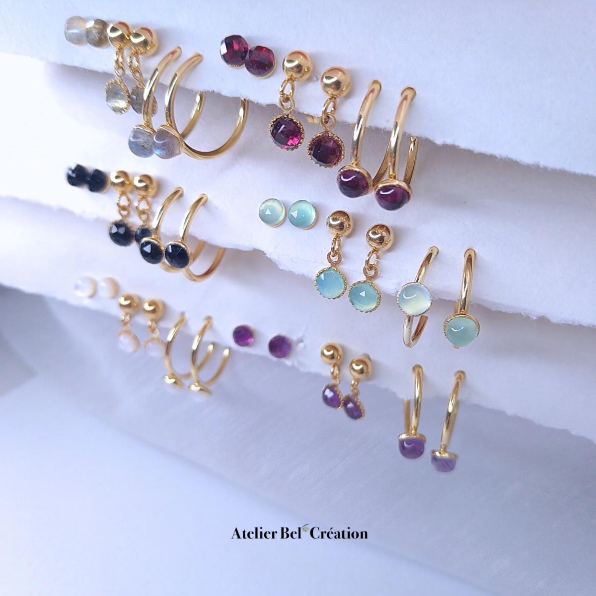 Earring Set | Golden stainless steel, natural stone, minimalist, mono earring, dangling earring, earrings studs, box jewelry set, gift