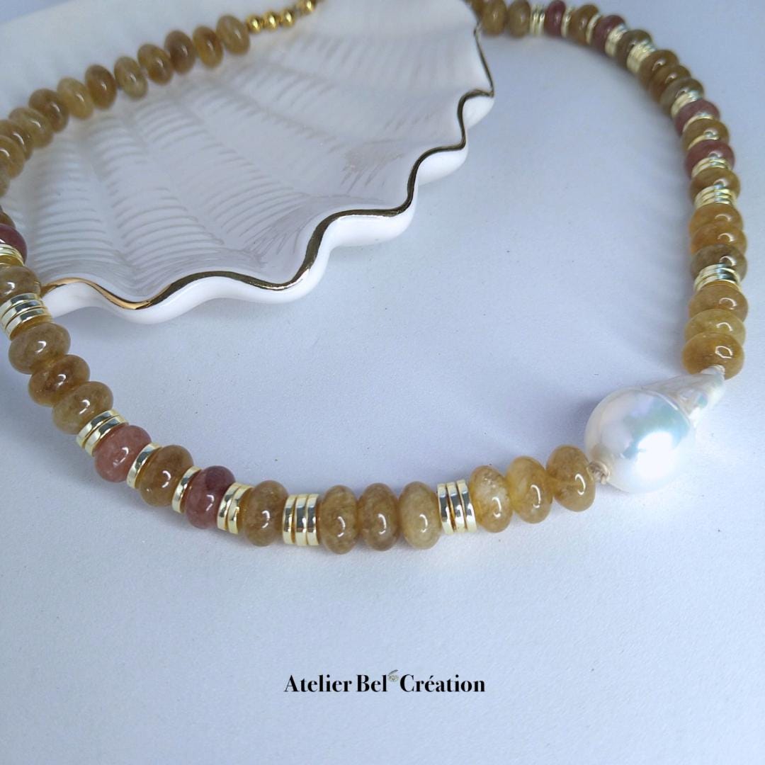 Collier court Candy, Perles rondelles et Perle eau douce, pierres naturelles