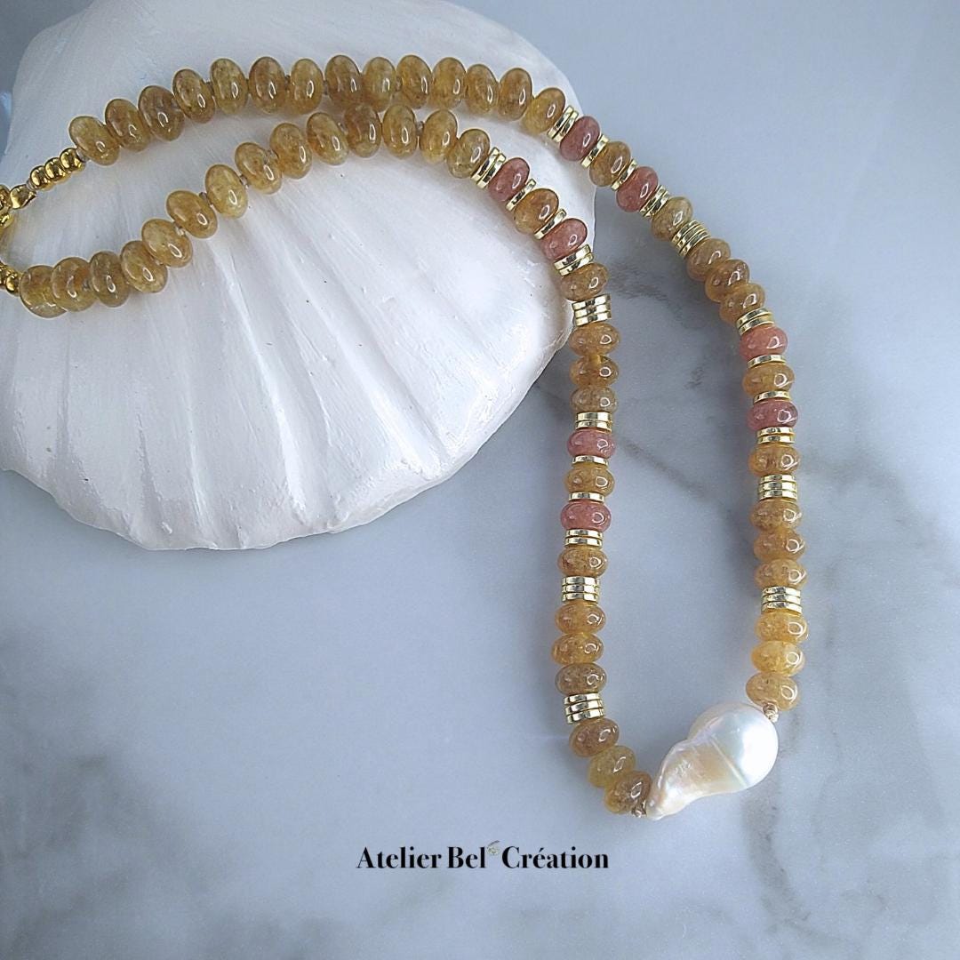 Collier court Candy, Perles rondelles et Perle eau douce, pierres naturelles