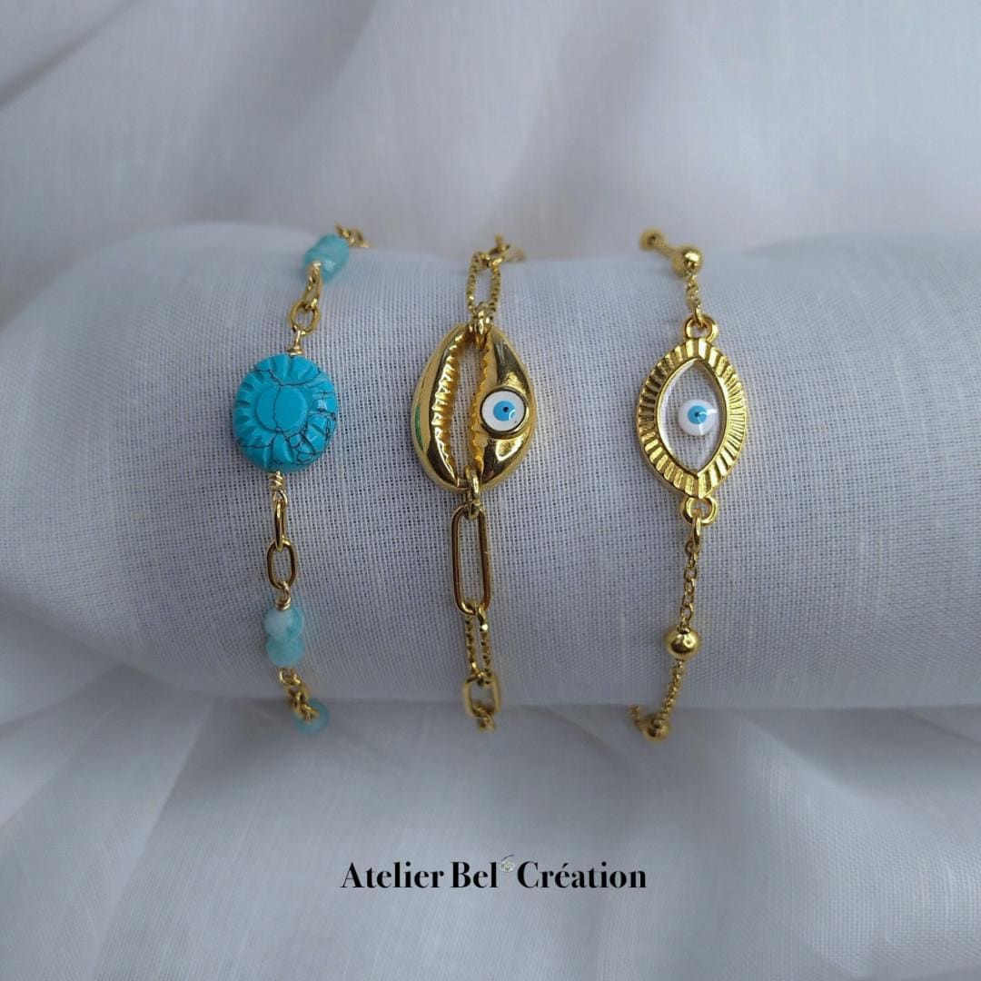 Ocean inspired bracelet gold stainless steel evil eye shell amazonite turquoise boho adjustable summer jewelry for her