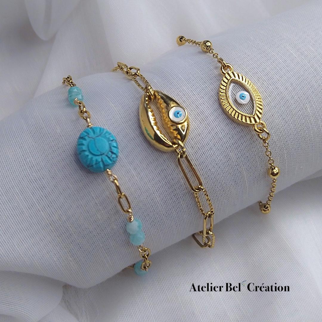 Ocean inspired bracelet gold stainless steel evil eye shell amazonite turquoise boho adjustable summer jewelry for her