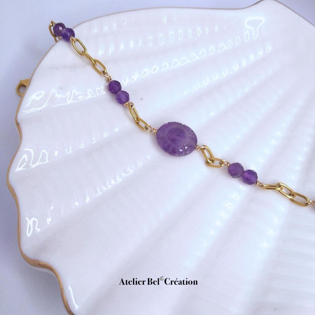 Natural Amethyst gemstone Bracelets, violet | golden stainless steel, shell