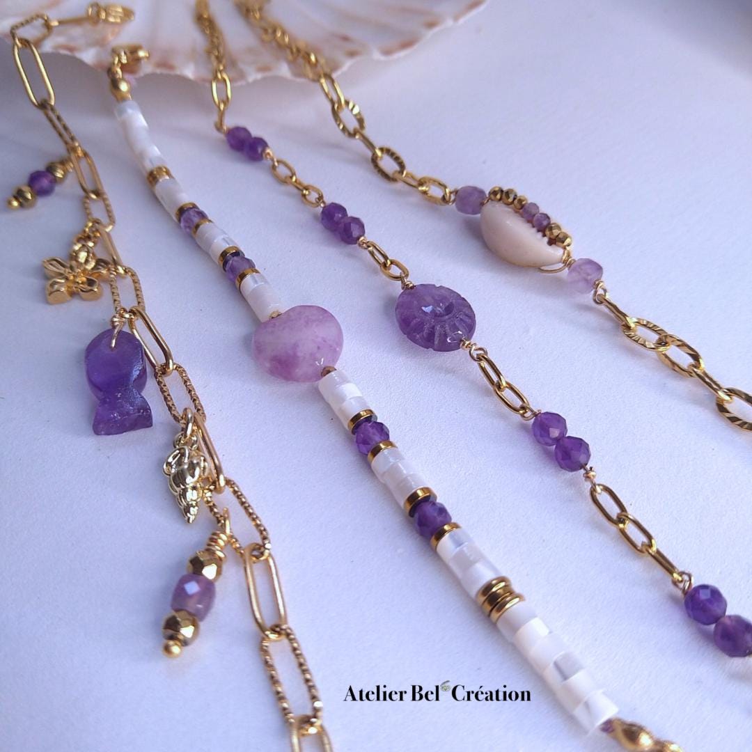 Natural Amethyst gemstone Bracelets, violet | golden stainless steel, shell