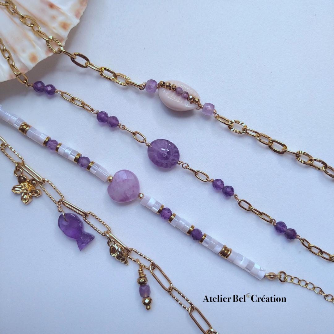 Natural Amethyst gemstone Bracelets, violet | golden stainless steel, shell